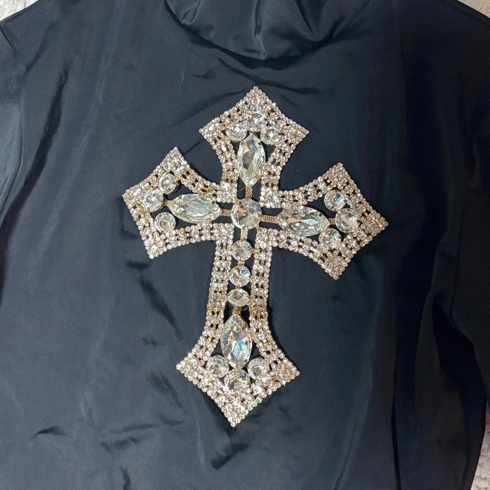 Nylon Spandex Leotard Dance Bodysuit Black +‎ Rhinestone Cross Turtleneck MA